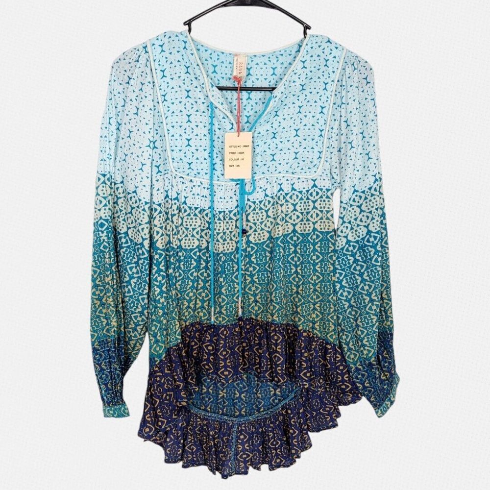 Raga Womens Blouse‎ Top M Boho Blue Tie Balloon Sleeve Floral Mixed Print